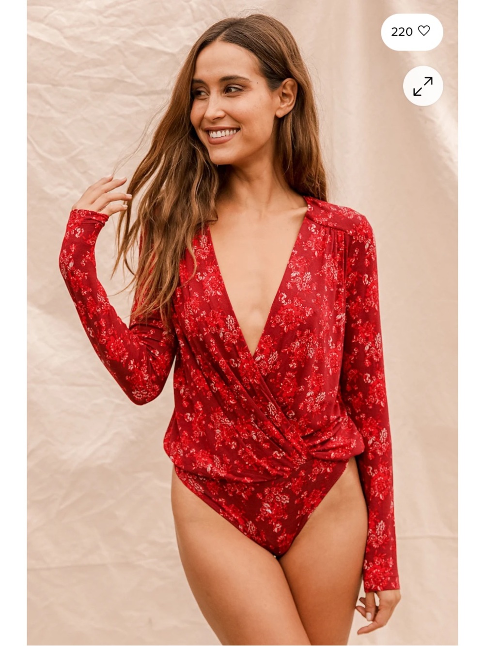 Free People Turnt Red Floral Print Long Sleeve Bodysuit